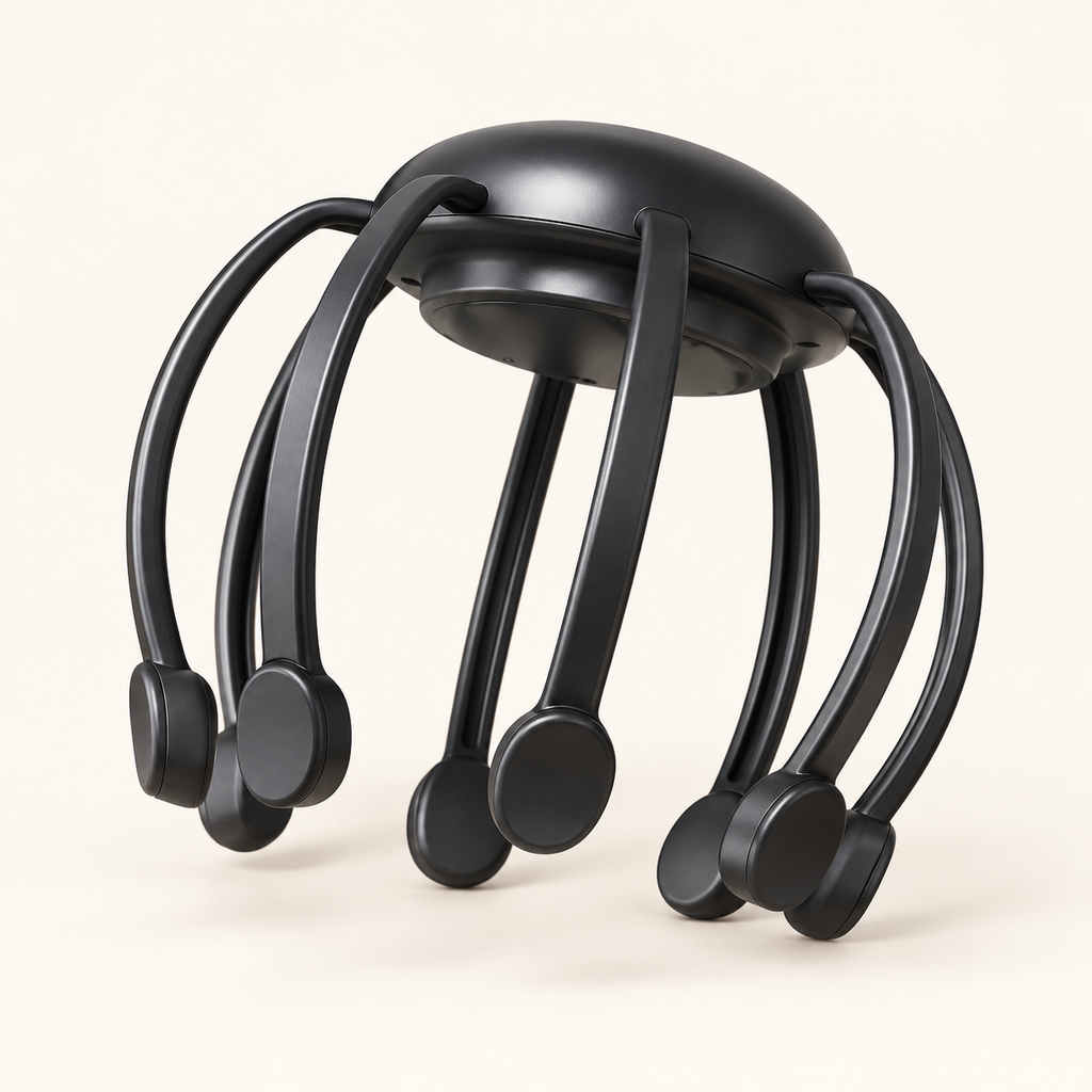 Stillora Halo head massager — AI-refined studio visualization.