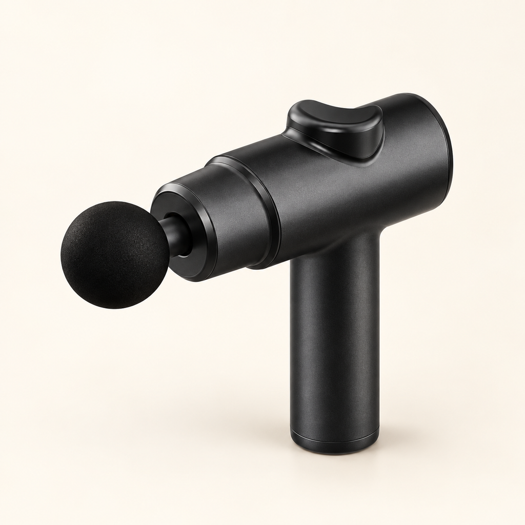 Stillora Rhythm massage gun — AI-refined studio visualization.