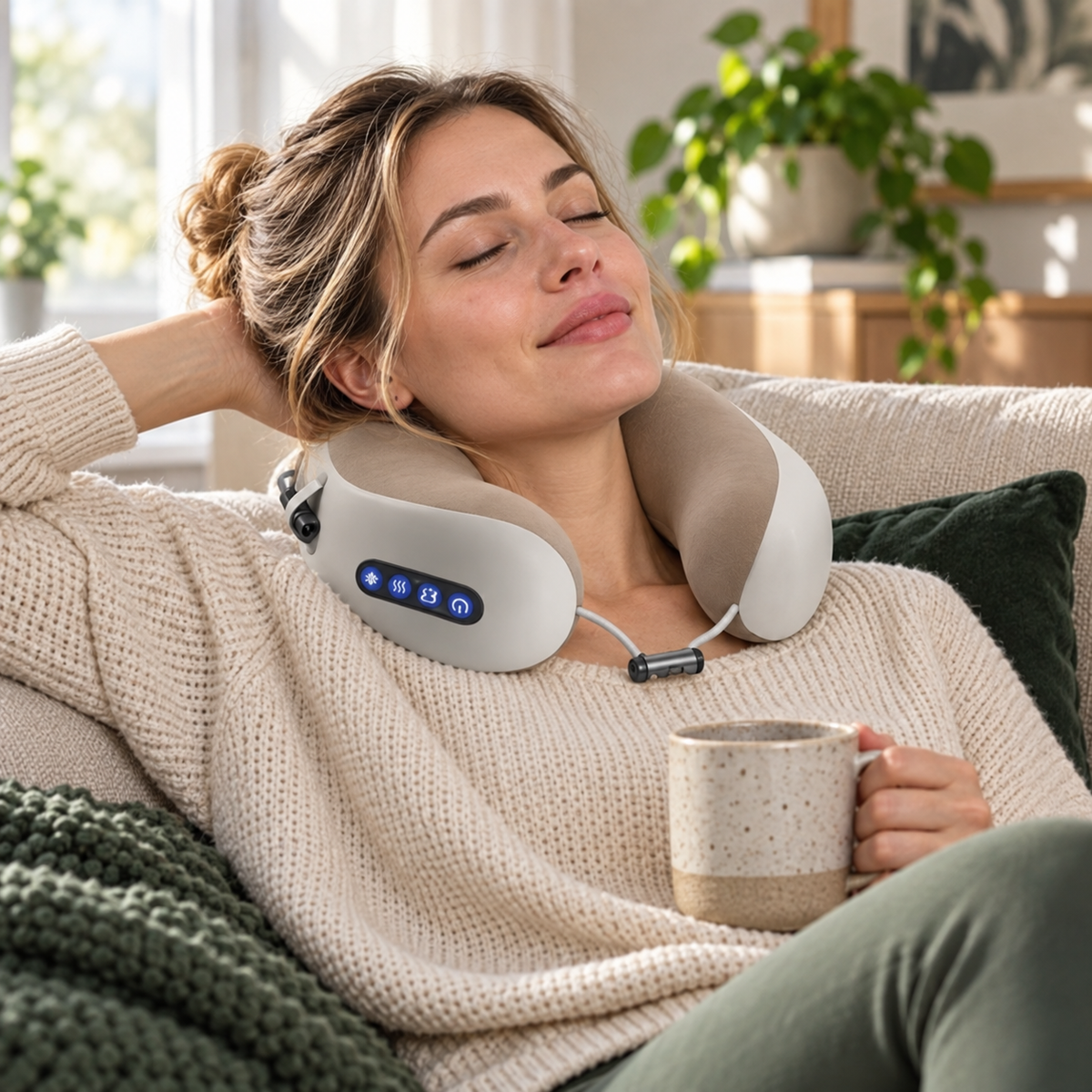 Velora Cocoon electric kneading neck pillow used while relaxing at home