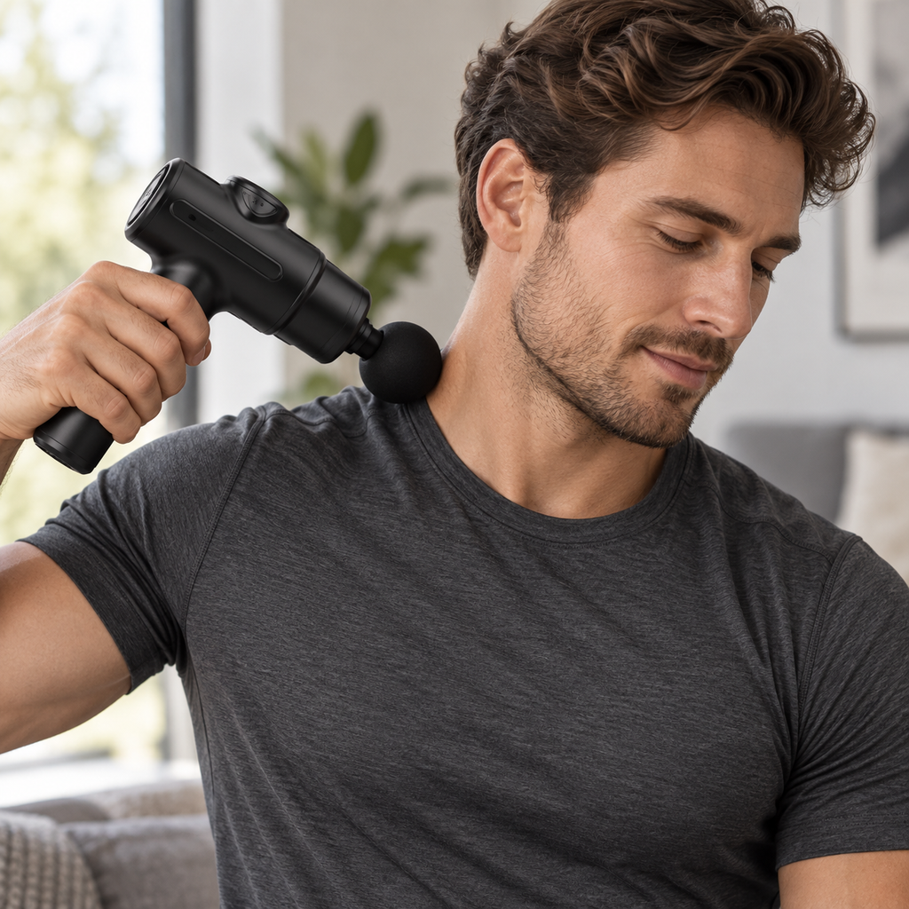 Velora Rhythm cordless percussion massage gun used on the upper shoulder