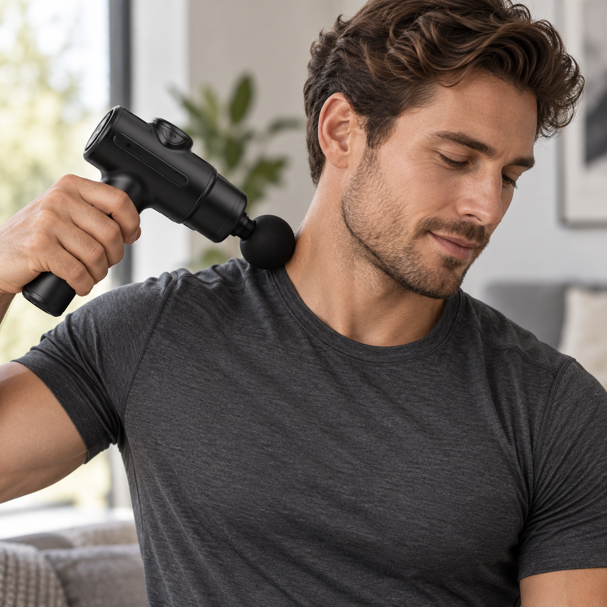 Velora Rhythm cordless percussion massage gun used on the upper shoulder